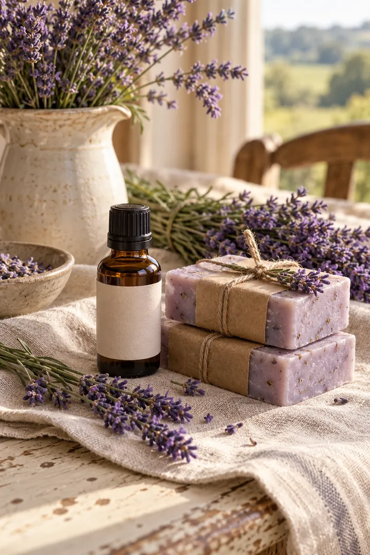 Lavender oil, handmade soap and fresh lavender sprigs