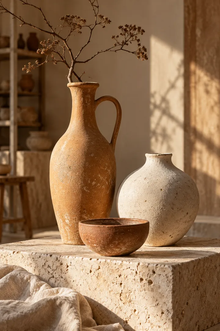 Handmade ochre, chalk-white and terracotta ceramic vessels in a sunlit studio