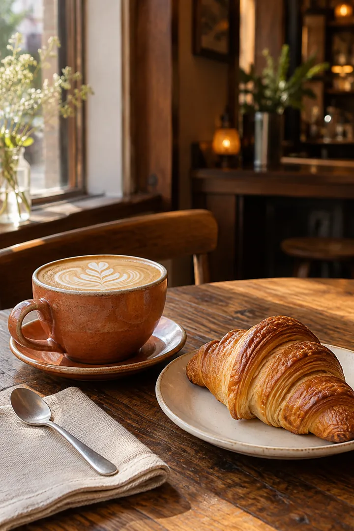 A flat white in a terracotta cup and a golden croissant on a sunlit cafe table