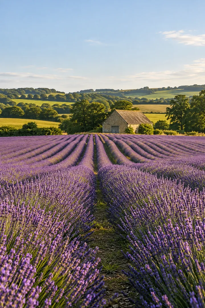 Lavender fields and a stone barn in the English countryside