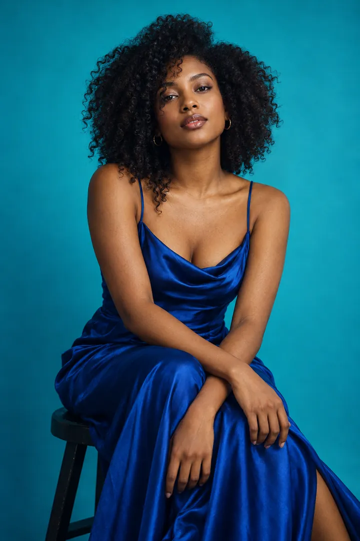 Nova Reed in a blue dress against a turquoise studio backdrop