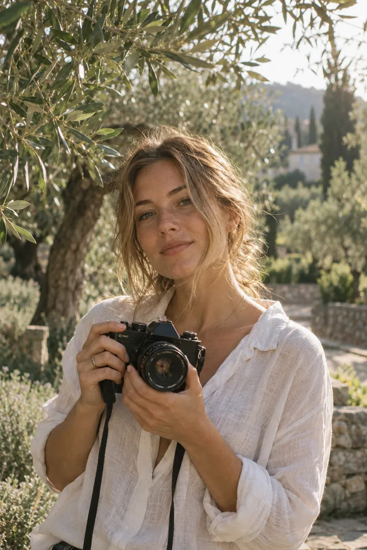 Photographer with her camera in an olive garden