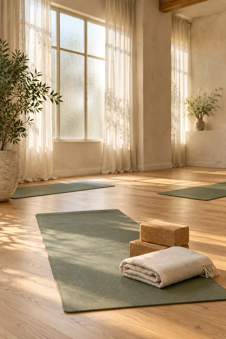 Sage yoga mats, cork blocks and linen in a quiet sunlit movement studio